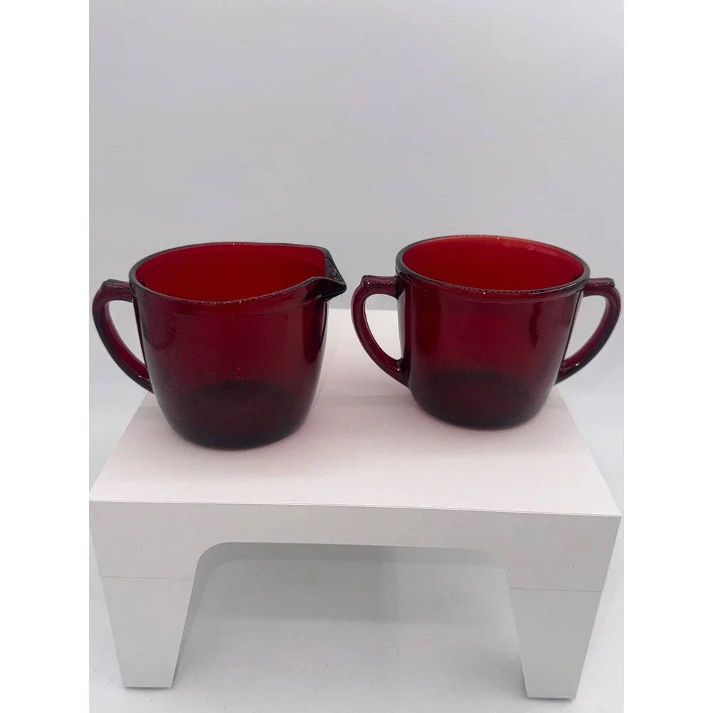 Vintage Ruby Red Glass Creamer and Sugar Bowl Set Double Handle 3 inch T